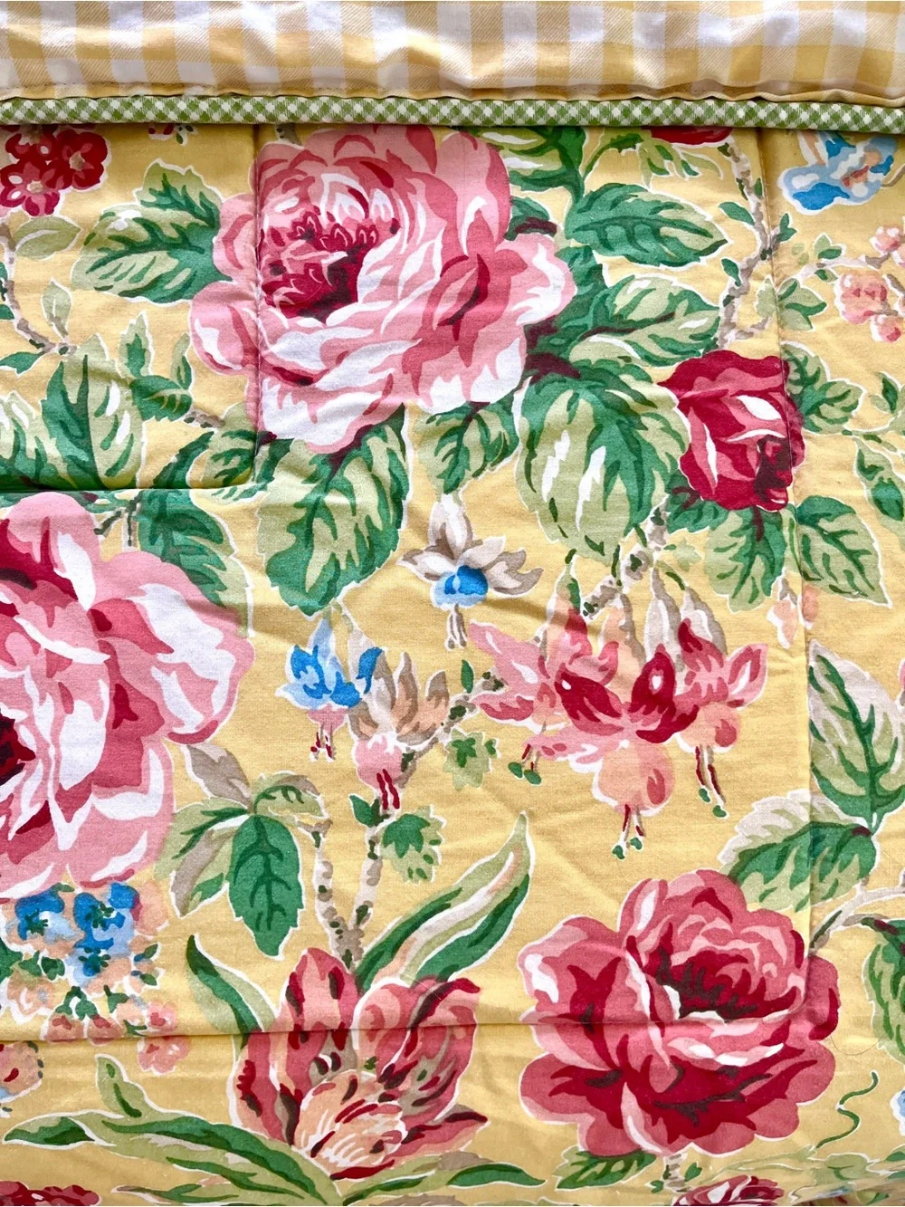 Vintage Laura Ashley queen Cabbage Roses Yellow gingham quilt